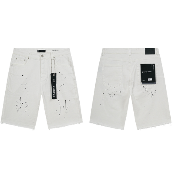 White Denim Shorts with Black Paint Splatter and Raw Hem